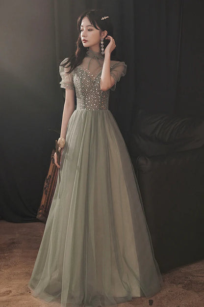 Cute Tulle Sequins Long Prom Dress A-Line Short Sleeve Evening Party Dress