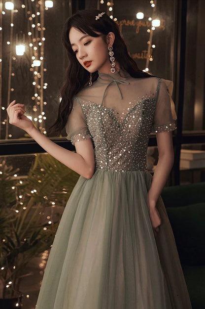 Cute Tulle Sequins Long Prom Dress A-Line Short Sleeve Evening Party Dress