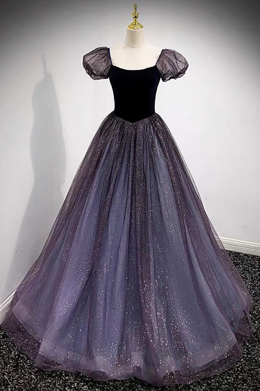 Purple Scoop Tulle Long A-Line Prom Dress Lovely Short Sleeve Evening Dress