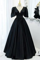 Black V-Neck Satin Long Prom Dress A-Line Short Sleeve Evening Dress