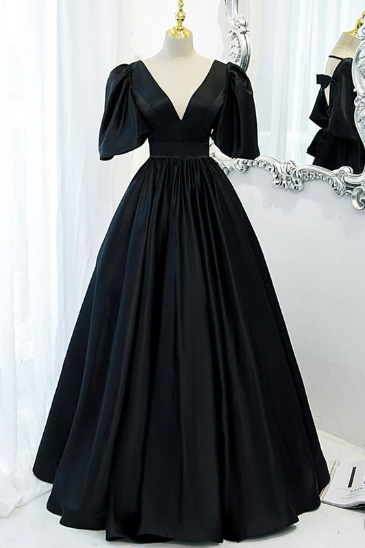 Black V-Neck Satin Long Prom Dress A-Line Short Sleeve Evening Dress