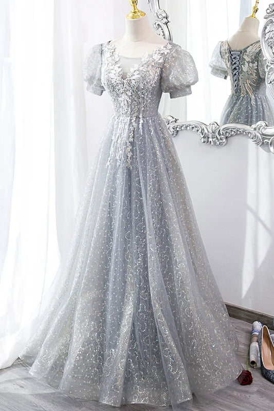 Gray Lace Long A-Line Prom Dress with Sequins Cute Short Sleeve Evening Dress