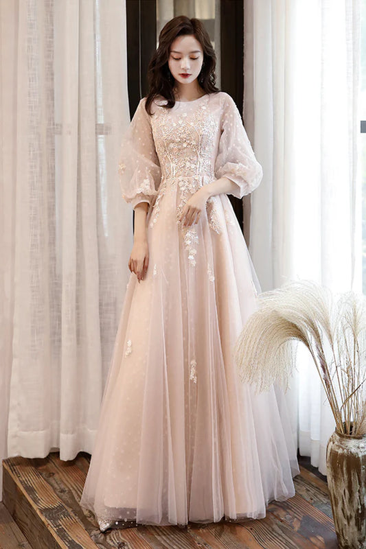 Pink Tulle Lace Long Sleeve Prom Dress Lovely A-Line Party Dress