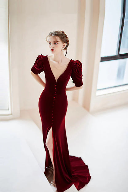 Burgundy Velvet Long Mermaid Prom Dress Short Sleeve Evening Dress with Slit