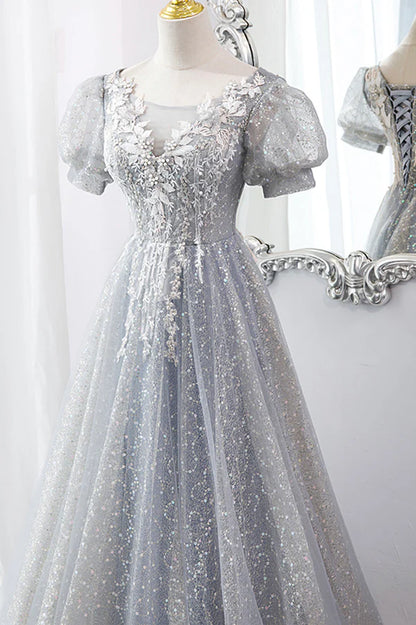 Gray Lace Long A-Line Prom Dress with Sequins Cute Short Sleeve Evening Dress