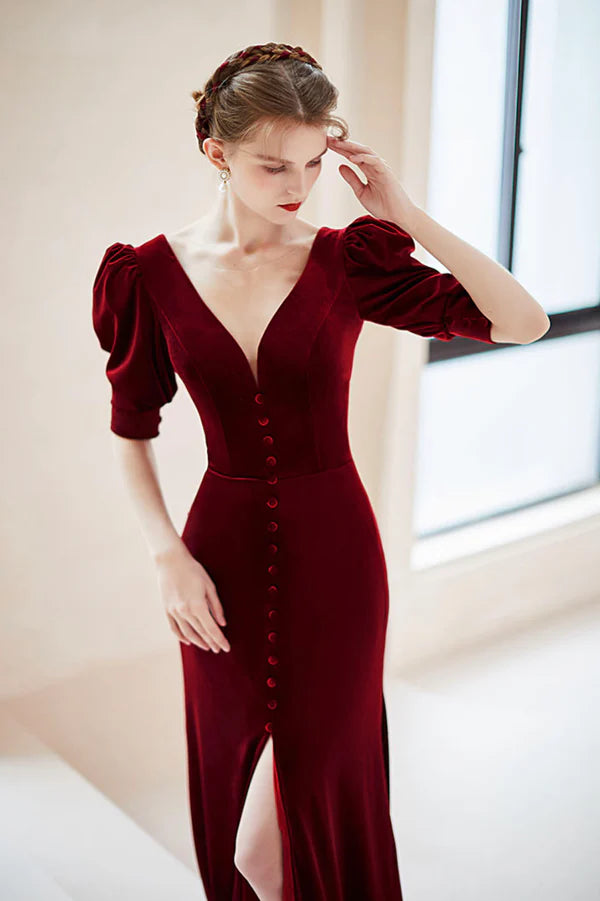 Burgundy Velvet Long Mermaid Prom Dress Short Sleeve Evening Dress with Slit