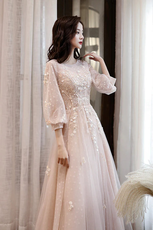 Pink Tulle Lace Long Sleeve Prom Dress Lovely A-Line Party Dress