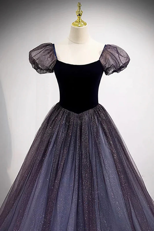 Purple Scoop Tulle Long A-Line Prom Dress Lovely Short Sleeve Evening Dress