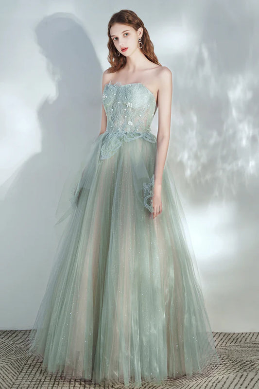 Green Tulle Lace Long A-Line Prom Dress Cute Strapless Evening Party Dress