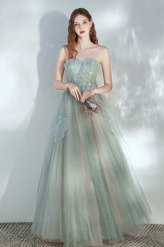 Green Tulle Lace Long A-Line Prom Dress Cute Strapless Evening Party Dress