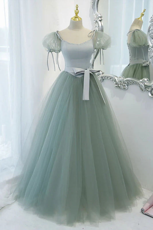 Green Tulle Long A-Line Prom Dress Cute Short Sleeve Graduation Dress