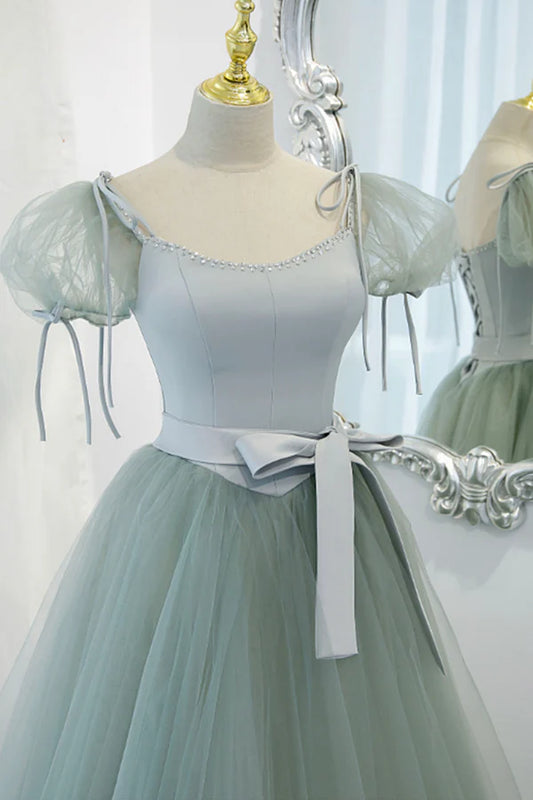 Green Tulle Long A-Line Prom Dress Cute Short Sleeve Graduation Dress