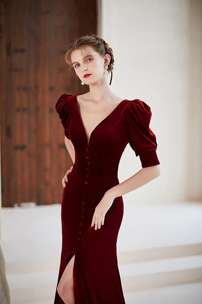 Burgundy Velvet Long Mermaid Prom Dress Short Sleeve Evening Dress with Slit