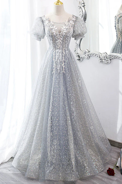 Gray Lace Long A-Line Prom Dress with Sequins Cute Short Sleeve Evening Dress