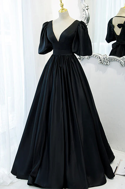 Black V-Neck Satin Long Prom Dress A-Line Short Sleeve Evening Dress