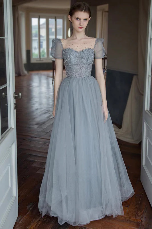 Gray A-Line Tulle Long Prom Dress with Beaded Gray Evening Party Dress