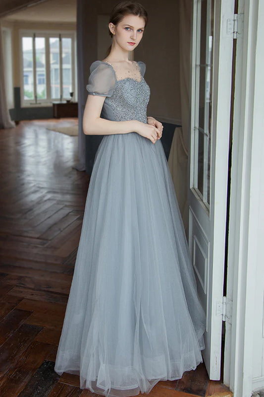 Gray A-Line Tulle Long Prom Dress with Beaded Gray Evening Party Dress