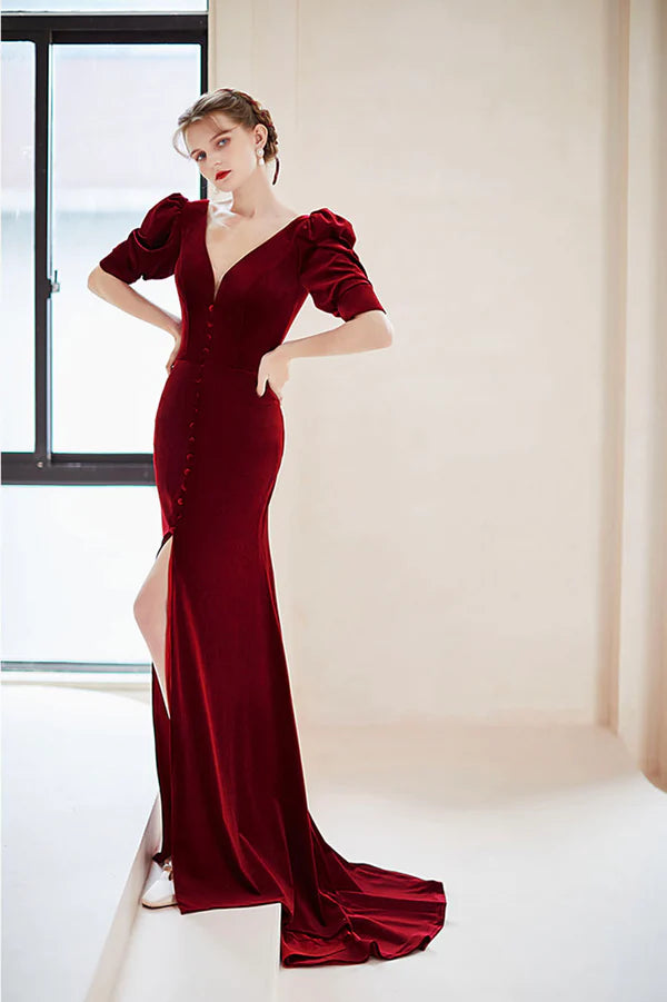 Burgundy Velvet Long Mermaid Prom Dress Short Sleeve Evening Dress with Slit