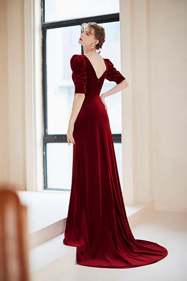 Burgundy Velvet Long Mermaid Prom Dress Short Sleeve Evening Dress with Slit