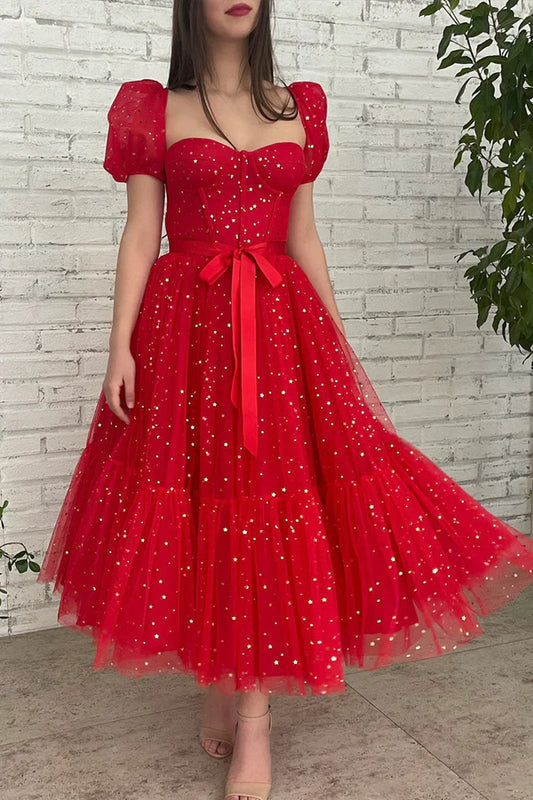 Red Tulle Short A-Line Prom Dress Cute Red Evening Party Dress