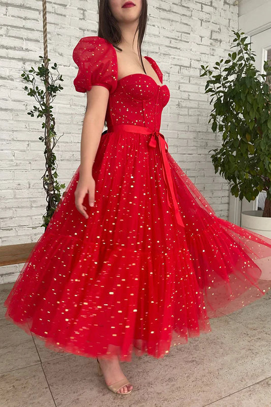 Red Tulle Short A-Line Prom Dress Cute Red Evening Party Dress