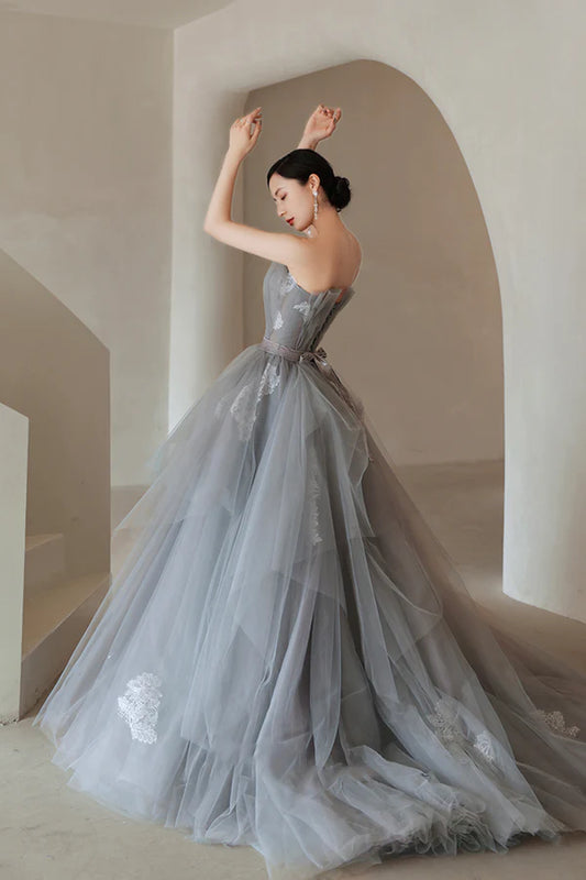 Gray Tulle Lace Long Prom Dress A-Line Strapless Evening Party Dress