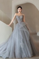 Gray Tulle Lace Long Prom Dress A-Line Strapless Evening Party Dress