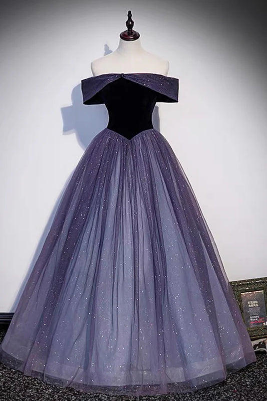 Purple Tulle Off the Shoulder Prom Dress A-Line Evening Party Dress