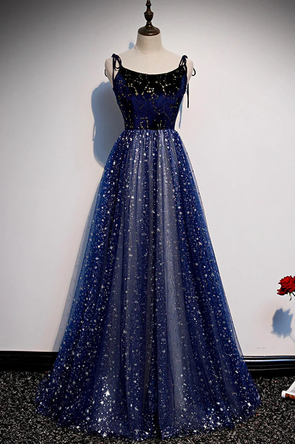 Blue Velvet Tulle Long A-Line Prom Dress Blue Spaghetti Straps Evening Dress