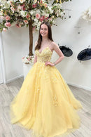 Yellow V-Neck Lace Formal Evening Dress A-Line Spaghetti Straps Prom Dress