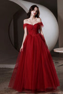 Red Tulle Long A-Line Prom Dress Off the Shoulder Evening Graduation Dress