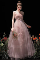 Pink Strapless Tulle Long Prom Dress with Beaded Lovely Evening Party Dress