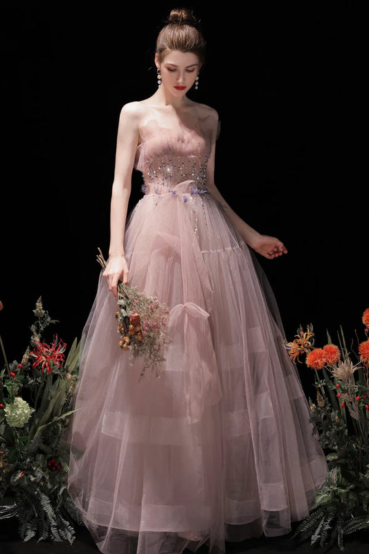 Pink Strapless Tulle Long Prom Dress with Beaded Lovely Evening Party Dress