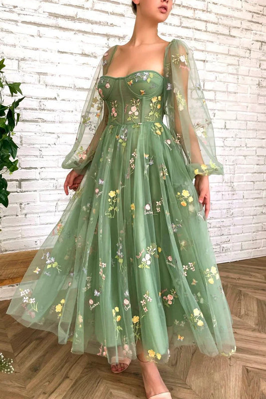 Green Tulle Lace Short Prom Dress Cute Long Sleeve Homecoming Party Dress