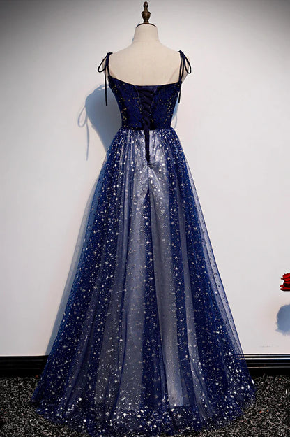 Blue Velvet Tulle Long A-Line Prom Dress Blue Spaghetti Straps Evening Dress