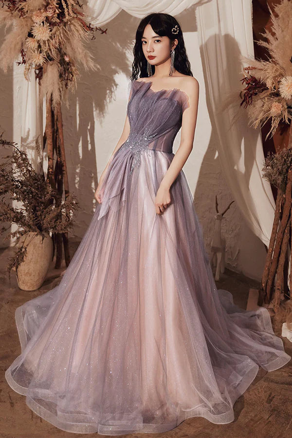 Purple Shiny Tulle Long A-Line Prom Dresses Cute Strapless Graduation Dresses