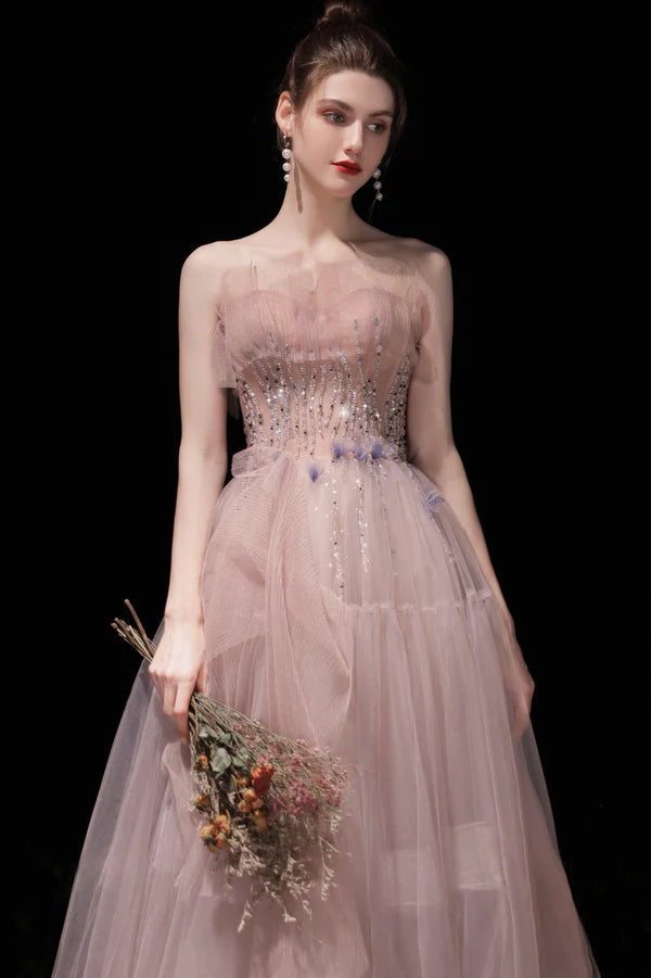 Pink Strapless Tulle Long Prom Dress with Beaded Lovely Evening Party Dress