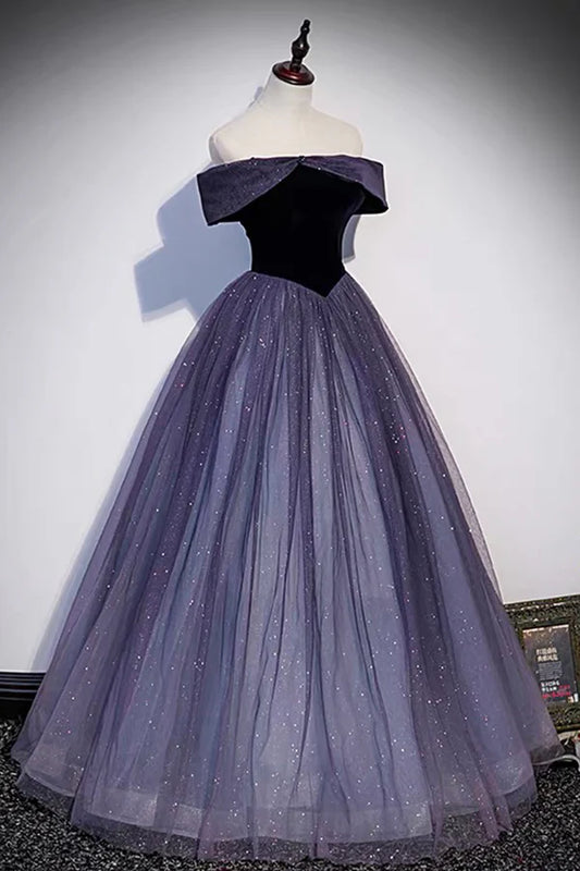 Purple Tulle Off the Shoulder Prom Dress A-Line Evening Party Dress