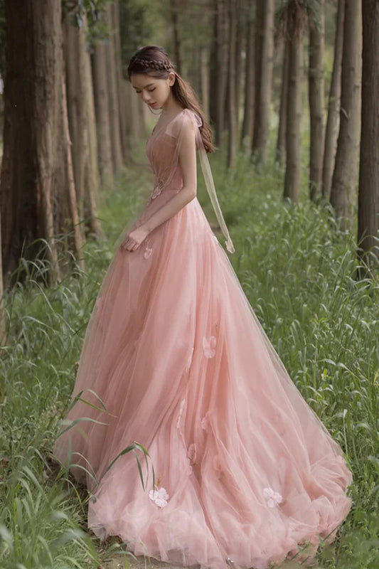 Pink A-Line Tulle Floor Length Prom Dress Beautiful Evening Graduation Dress