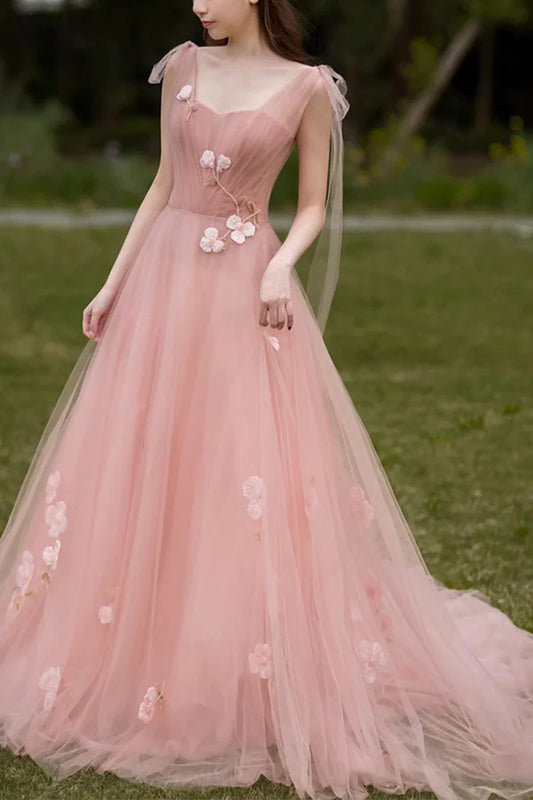 Pink A-Line Tulle Floor Length Prom Dress Beautiful Evening Graduation Dress