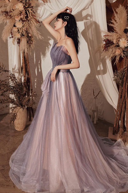 Purple Shiny Tulle Long A-Line Prom Dresses Cute Strapless Graduation Dresses