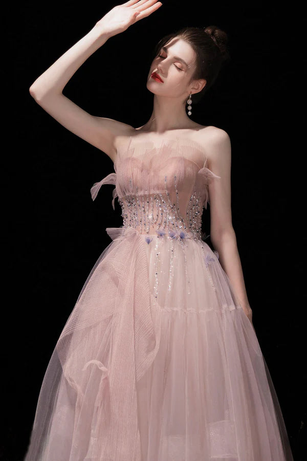 Pink Strapless Tulle Long Prom Dress with Beaded Lovely Evening Party Dress