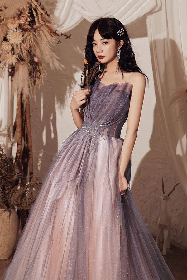 Purple Shiny Tulle Long A-Line Prom Dresses Cute Strapless Graduation Dresses