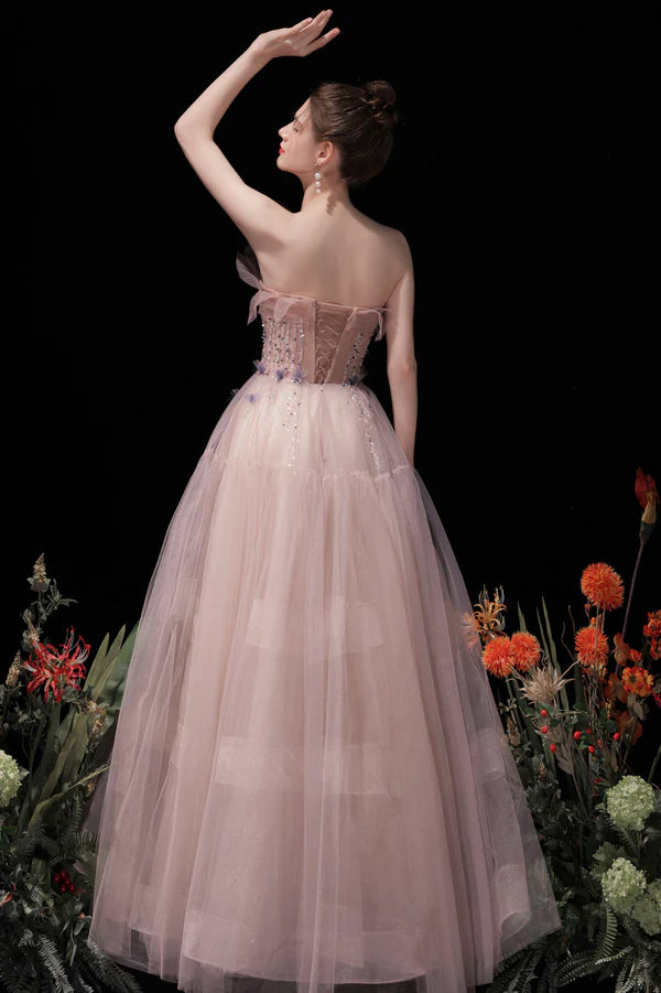 Pink Strapless Tulle Long Prom Dress with Beaded Lovely Evening Party Dress