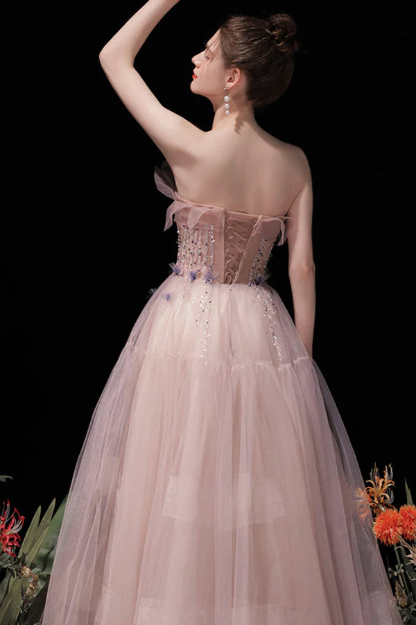 Pink Strapless Tulle Long Prom Dress with Beaded Lovely Evening Party Dress