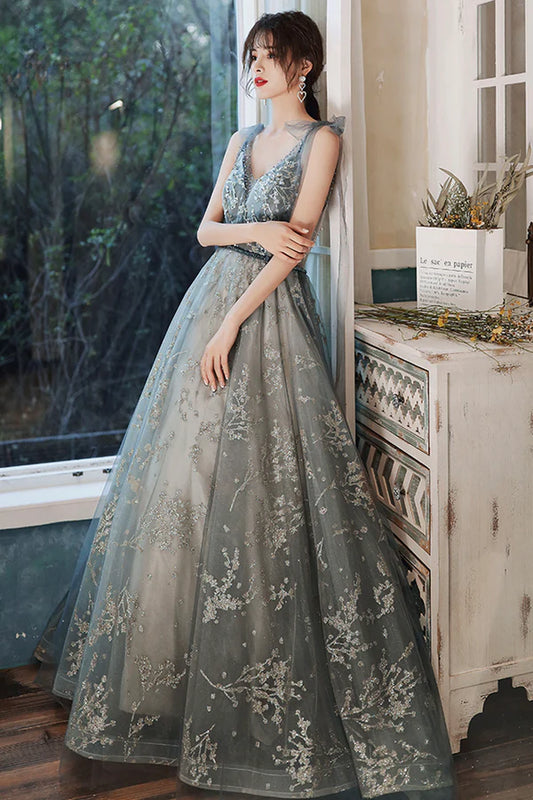 Gray V-Neck Tulle Long Prom Dress with Sequins A-Line Graduation Dress