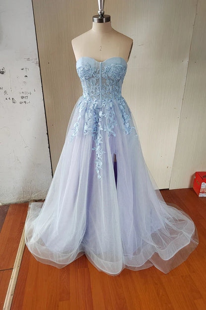 Blue Tulle Lace Long Prom Dress Blue Strapless Evening Dress with Slit