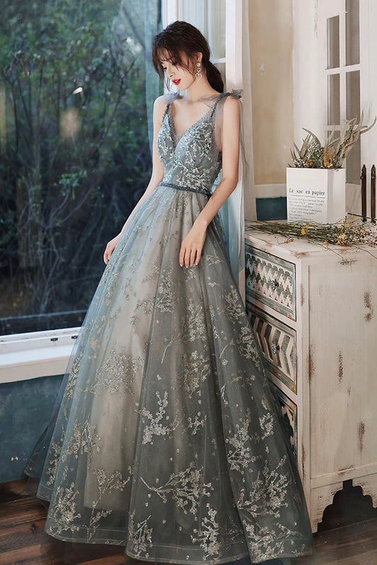 Gray V-Neck Tulle Long Prom Dress with Sequins A-Line Graduation Dress