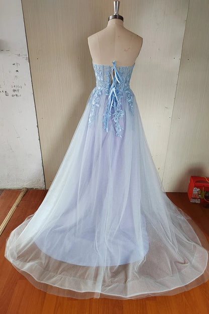 Blue Tulle Lace Long Prom Dress Blue Strapless Evening Dress with Slit