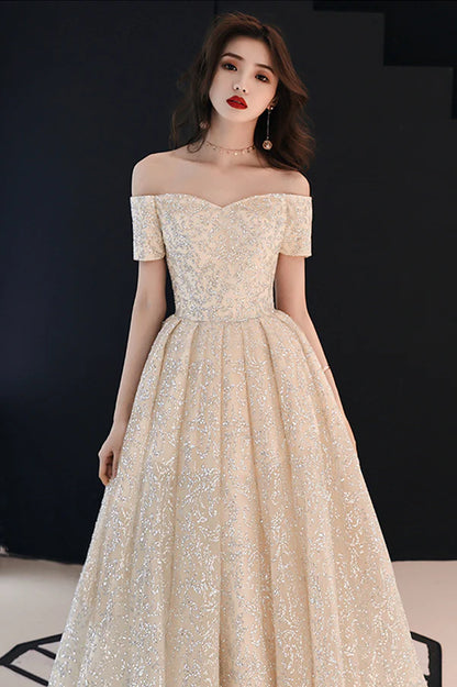 Champagne Sequins Long A-Line Prom Dress